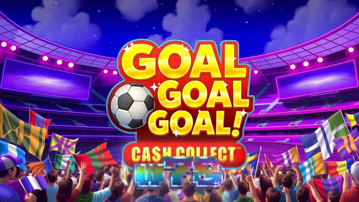 Interface do jogo de slot Goal Goal Goal: Cash Collect com tema de futebol e estádio.